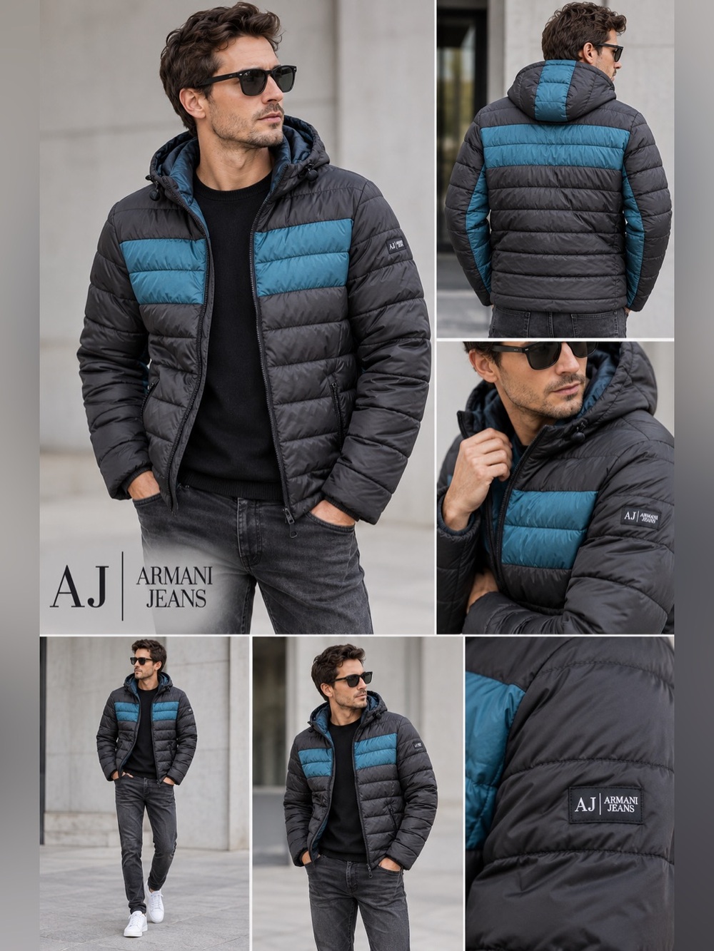 Armani Jeans Vintage Men’s Puffer Jacket Size 52 L Black Teal Hooded